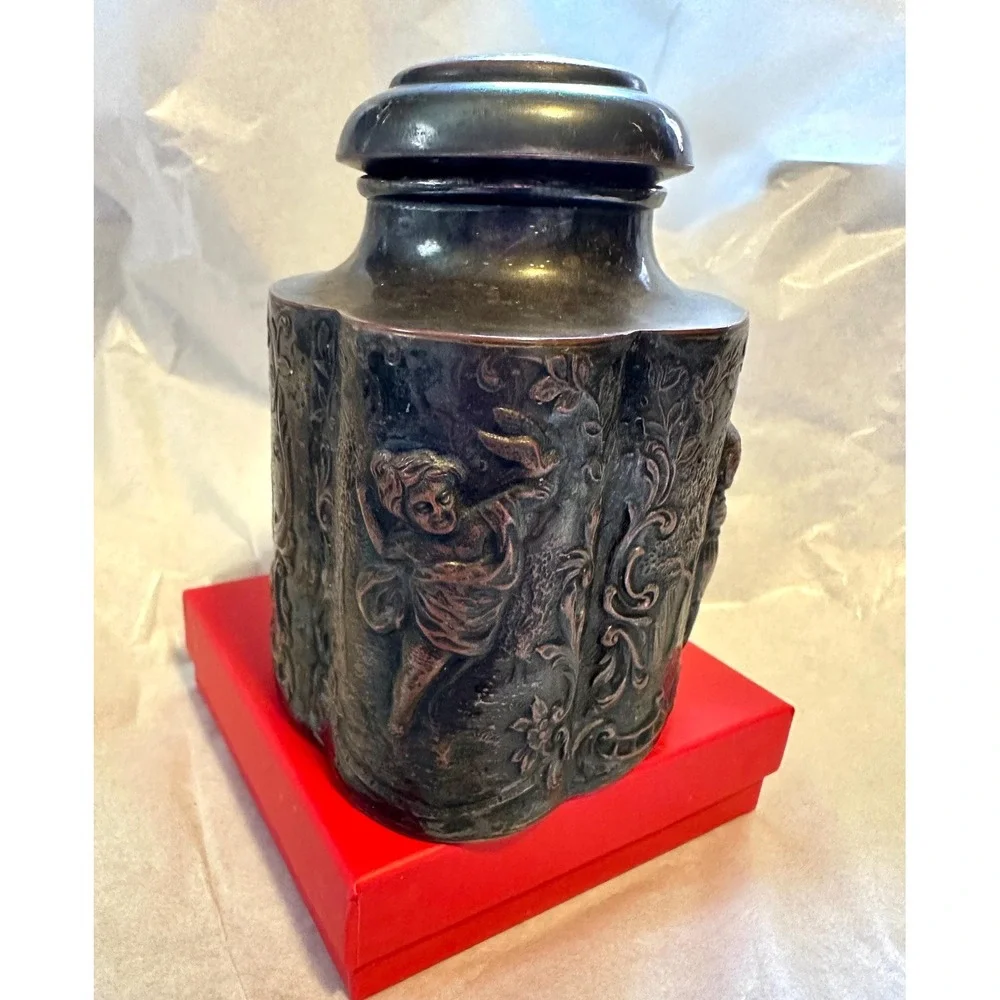 Antique‎ English Tea Caddy Silver over Copper Cherubs Children
